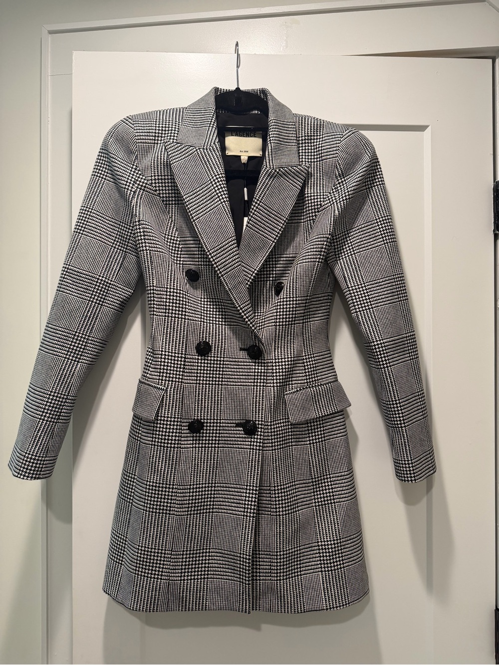 L'AGENCE Black & White Glen Plaid Double-Breasted Blazer
